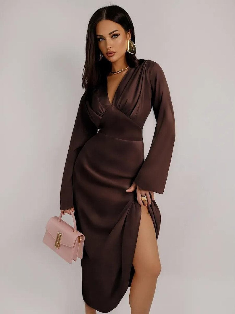 Elegant Brown Long Sleeve Satin Gown, Deep V Neck Maxi Dress, Formal Evening Dress, Wedding Guest Dress, Bridesmaid Style