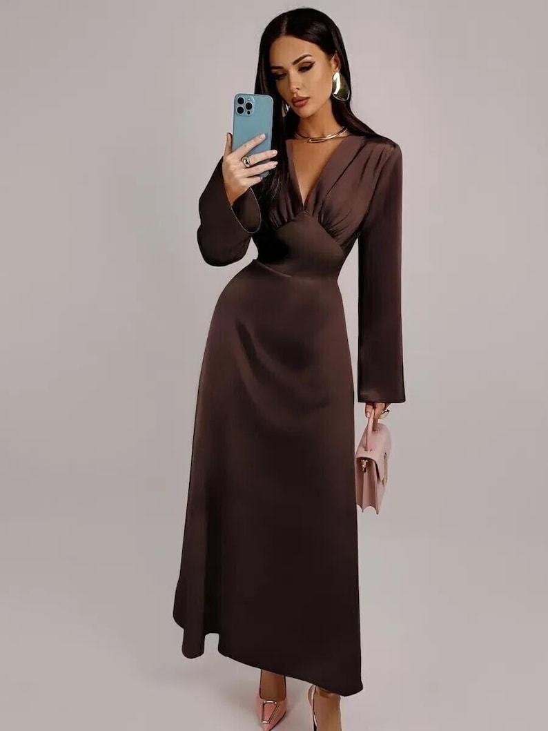 Elegant Brown Long Sleeve Satin Gown, Deep V Neck Maxi Dress, Formal Evening Dress, Wedding Guest Dress, Bridesmaid Style