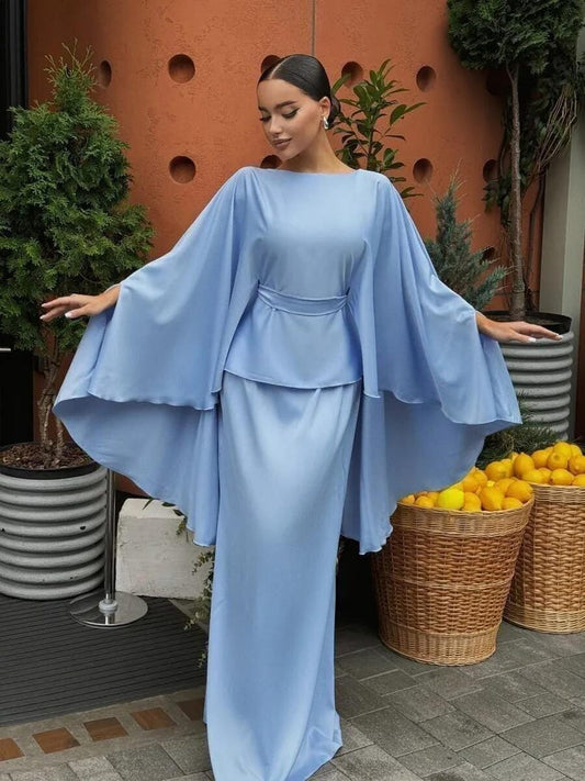 Elegant Cape Sleeve Maxi Dress, Modest Wedding Guest Dress, Flowing Evening Dress, Bridal Bridesmaid Long Dress