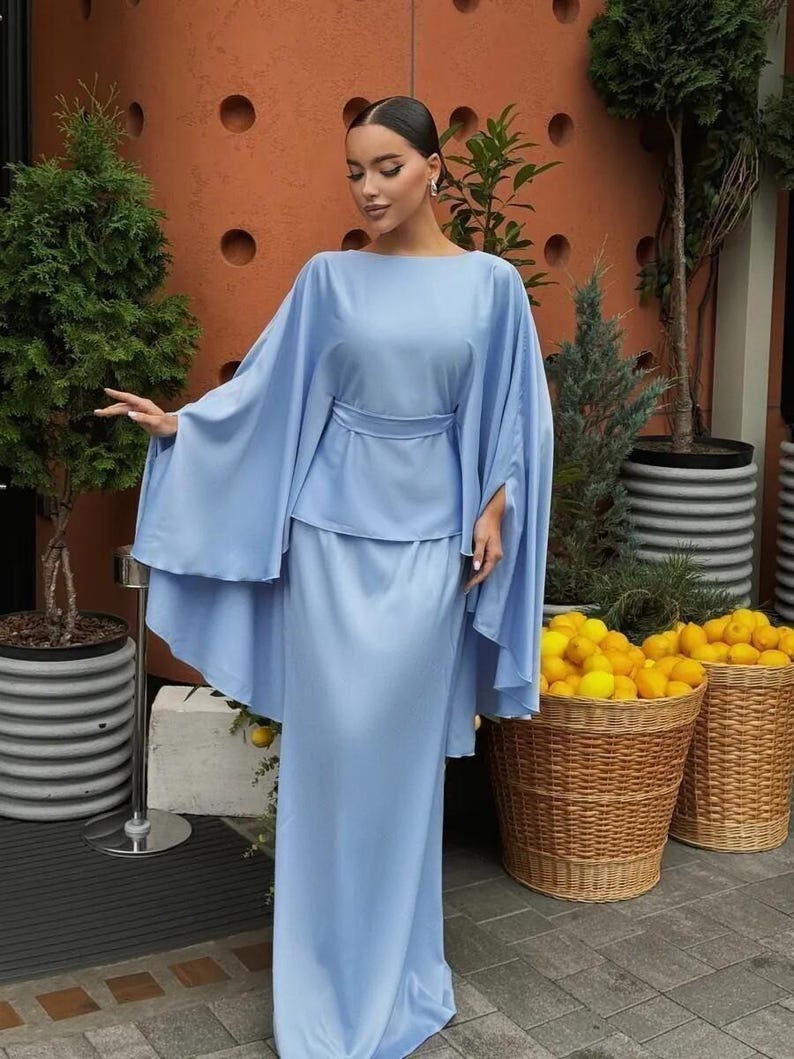 Elegant Cape Sleeve Maxi Dress, Modest Wedding Guest Dress, Flowing Evening Dress, Bridal Bridesmaid Long Dress