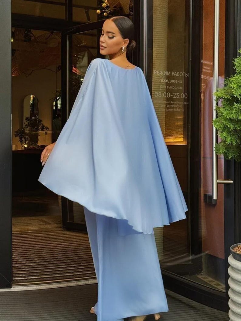 Elegant Cape Sleeve Maxi Dress, Modest Wedding Guest Dress, Flowing Evening Dress, Bridal Bridesmaid Long Dress