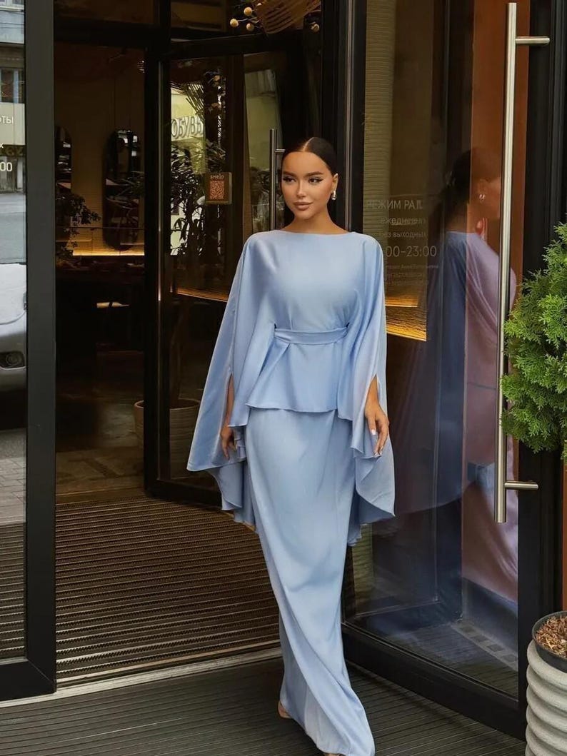 Elegant Cape Sleeve Maxi Dress, Modest Wedding Guest Dress, Flowing Evening Dress, Bridal Bridesmaid Long Dress