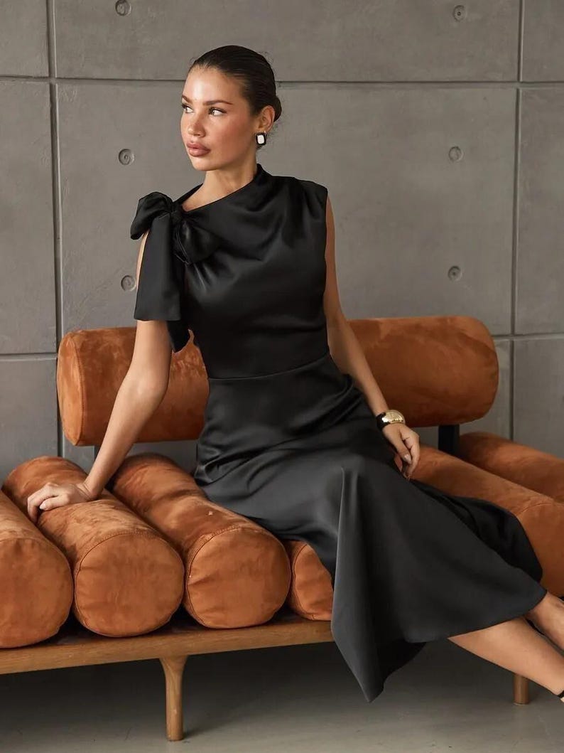 Satin Midi Dress with Bow Shoulder, Elegant Silk Wedding Guest Dress, Simple Modest Satin Gown