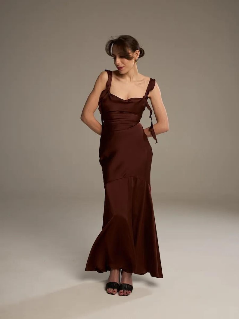 Chocolate Satin Bridesmaid Dress, Elegant Brown Evening Dress, Minimalist Slip Dress, Wedding Guest Dress