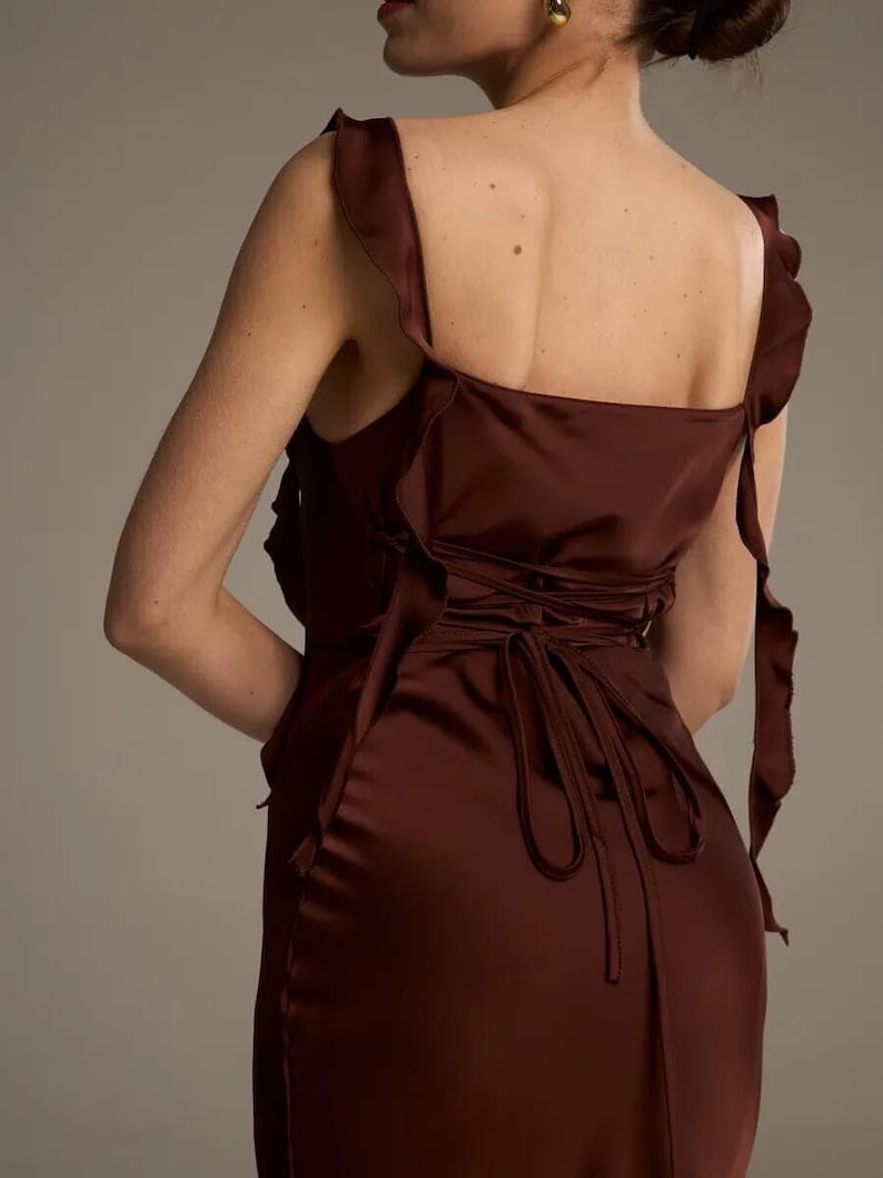 Chocolate Satin Bridesmaid Dress, Elegant Brown Evening Dress, Minimalist Slip Dress, Wedding Guest Dress