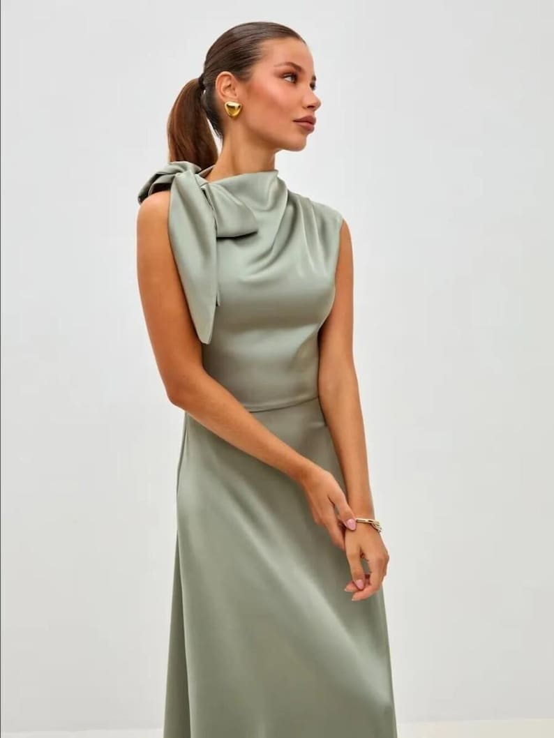 One Shoulder Silk Satin Midi Dress With Bow, Modern Bridal Reception Dress For Engagement Or Civil Wedding
