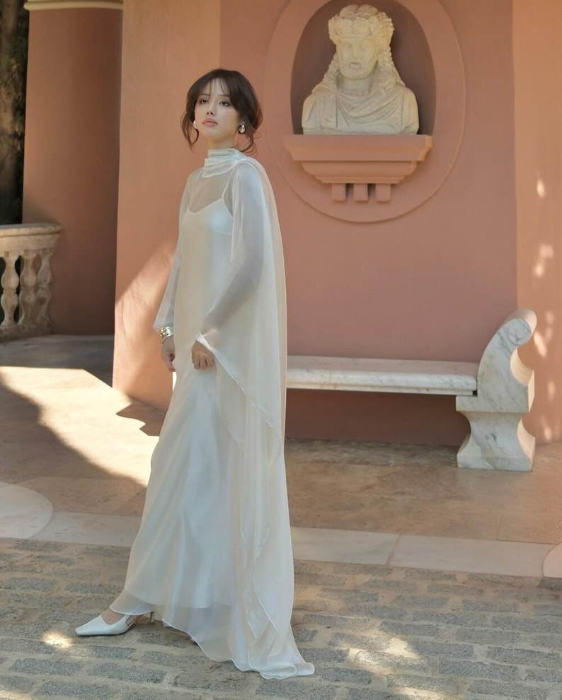 Sheer Cape Wedding Dress, Modest Chiffon Bridal Gown, Minimalist Bridal Dress with Draped Neck, Modern Civil Wedding Look