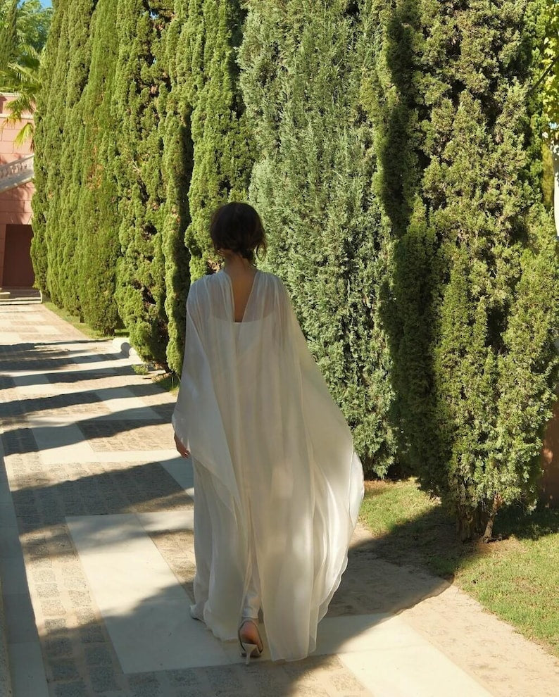 Sheer Cape Wedding Dress, Modest Chiffon Bridal Gown, Minimalist Bridal Dress with Draped Neck, Modern Civil Wedding Look