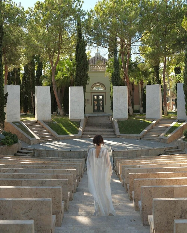 Sheer Cape Wedding Dress, Modest Chiffon Bridal Gown, Minimalist Bridal Dress with Draped Neck, Modern Civil Wedding Look
