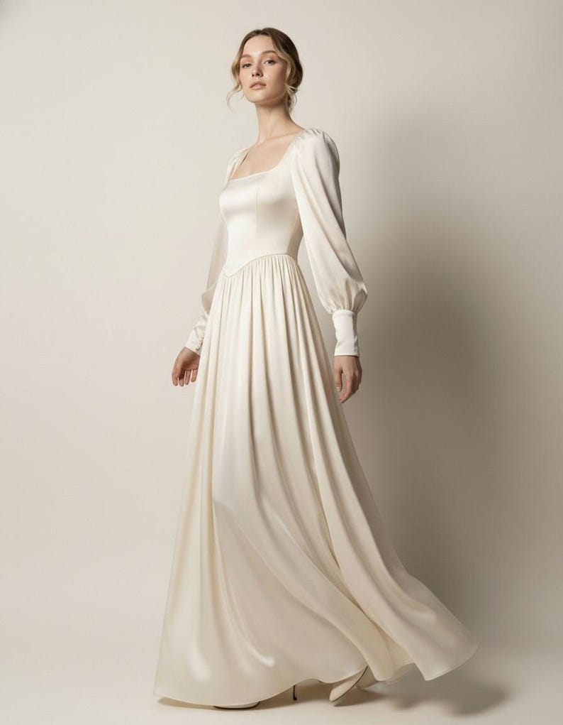 Ivory Silk Satin Bridal Dress Square Neckline, Long Sleeve Wedding Gown, Timeless Minimalist Regency Bride Dress