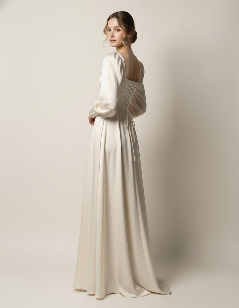 Ivory Silk Satin Bridal Dress Square Neckline, Long Sleeve Wedding Gown, Timeless Minimalist Regency Bride Dress