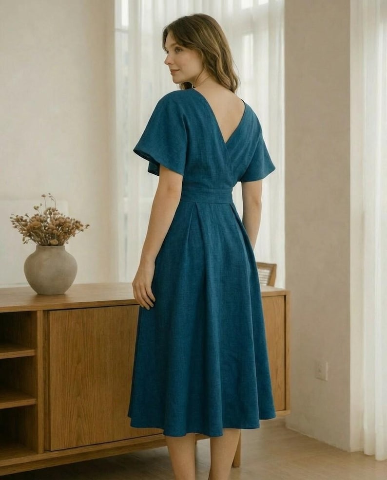 Linen Wrap V Neck A Line Dress, Elegant Blush Cape Sleeve Midi Dress, Wedding Guest Dress, Bridesmaid Cocktail Dress