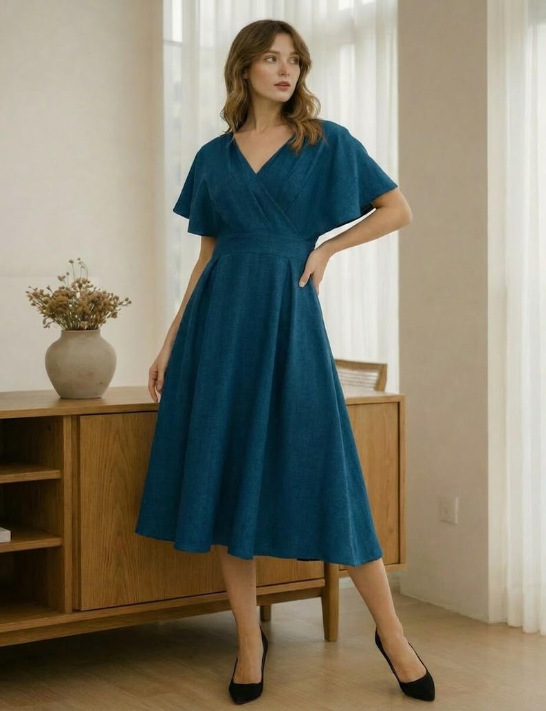 Linen Wrap V Neck A Line Dress, Elegant Blush Cape Sleeve Midi Dress, Wedding Guest Dress, Bridesmaid Cocktail Dress