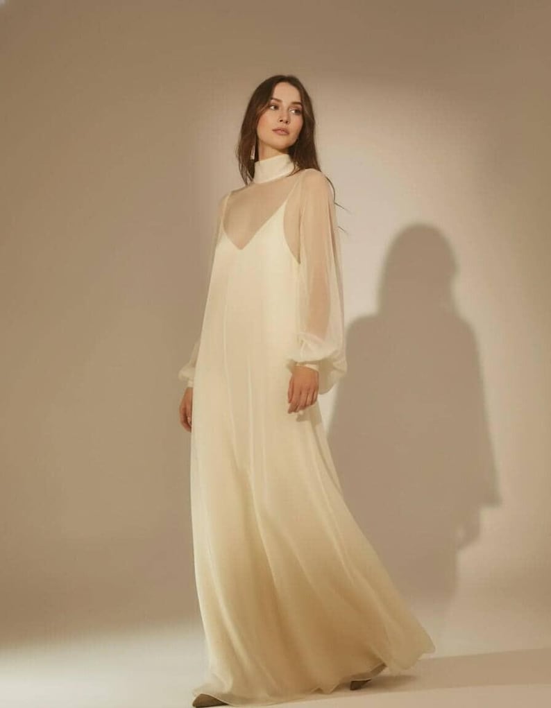 Modern Sheer Wedding Dress with High Neck and Long Sleeves, Minimalist Chiffon Bridal Gown, Contemporary Bridal Style