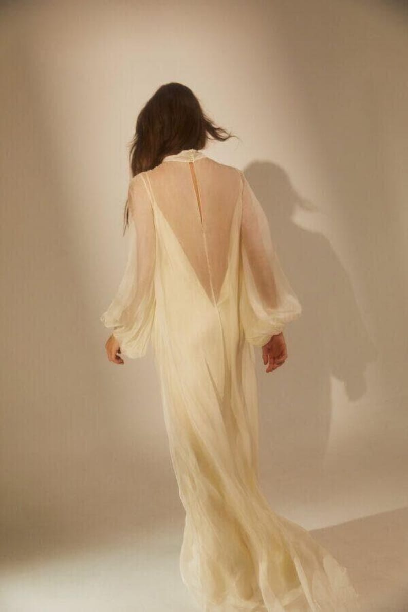 Modern Sheer Wedding Dress with High Neck and Long Sleeves, Minimalist Chiffon Bridal Gown, Contemporary Bridal Style