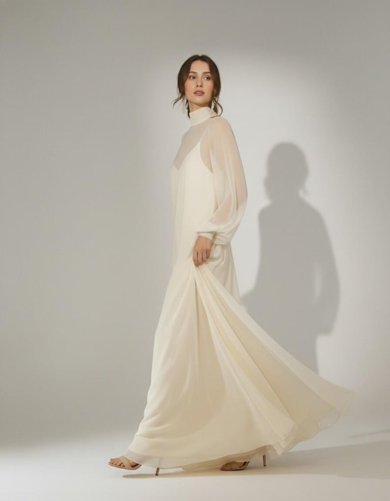 Modern Sheer Wedding Dress with High Neck and Long Sleeves, Minimalist Chiffon Bridal Gown, Contemporary Bridal Style