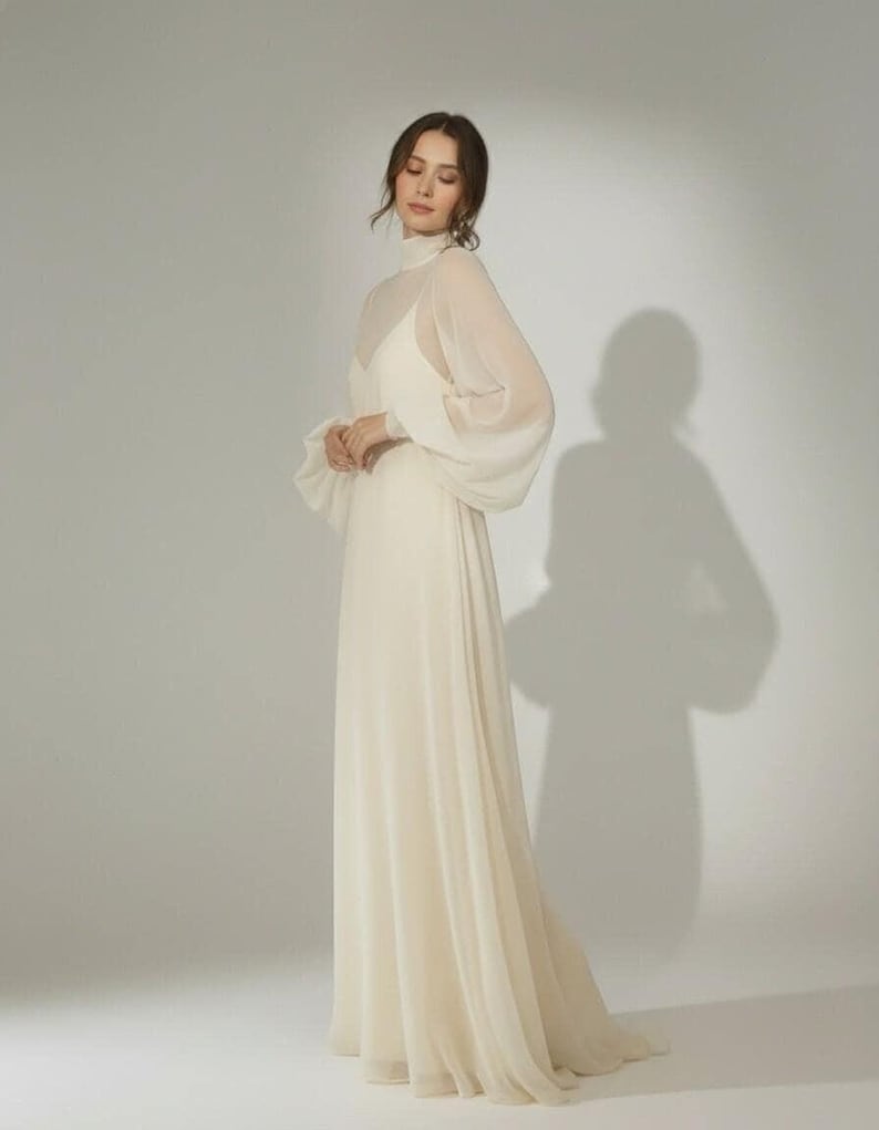Modern Sheer Wedding Dress with High Neck and Long Sleeves, Minimalist Chiffon Bridal Gown, Contemporary Bridal Style