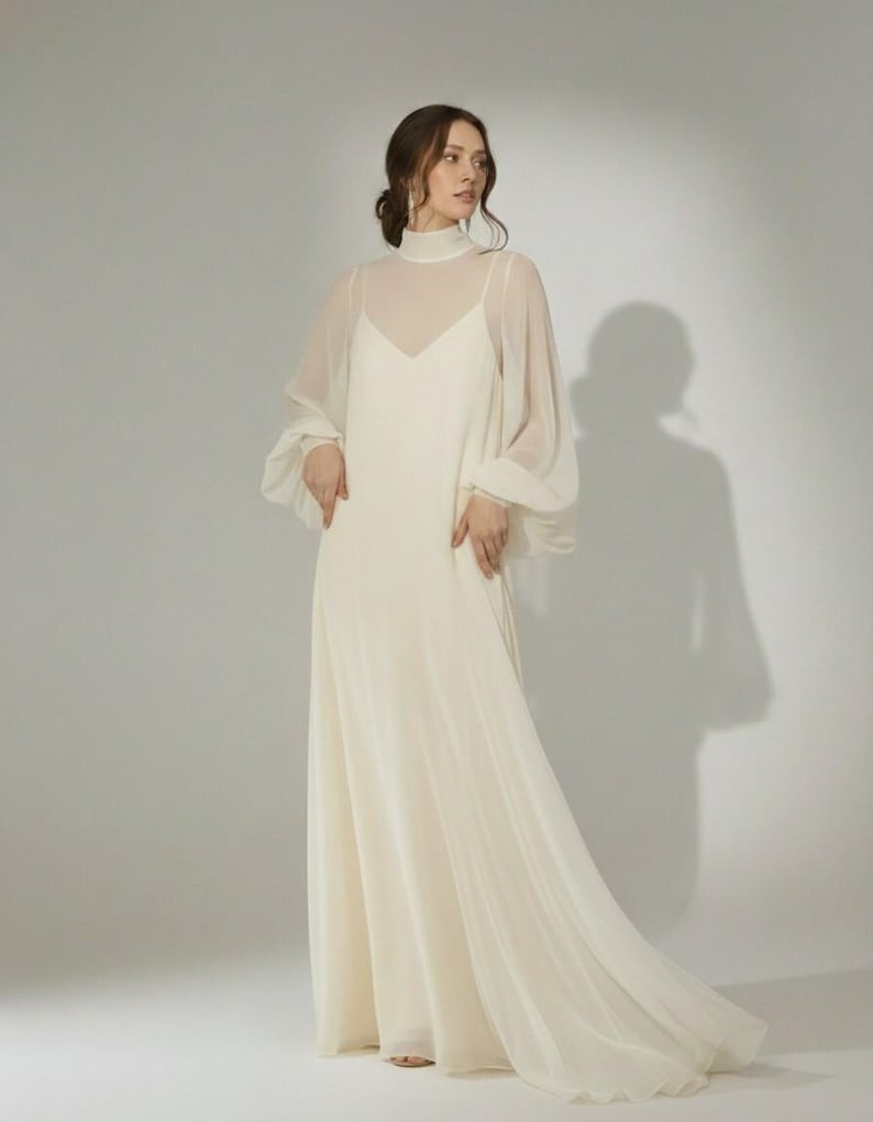 Modern Sheer Wedding Dress with High Neck and Long Sleeves, Minimalist Chiffon Bridal Gown, Contemporary Bridal Style