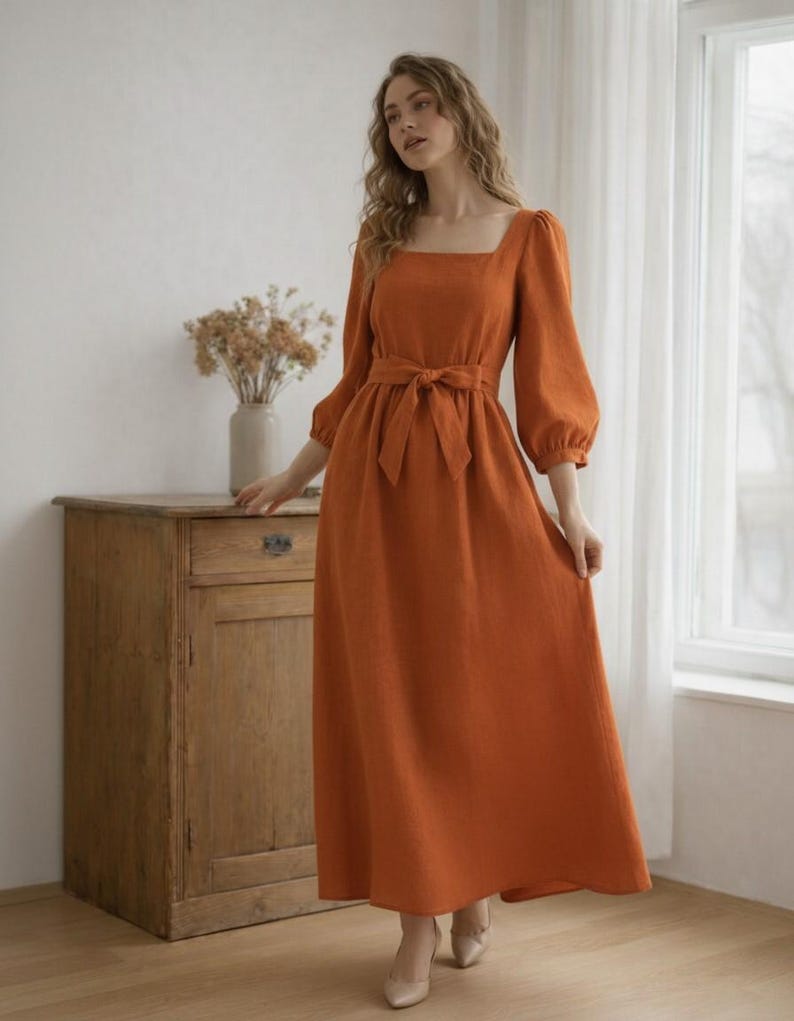 Linen Midi Dress with Puff Sleeves Square Neck Waist Tie Romantic Summer Linen Dress for Everyday