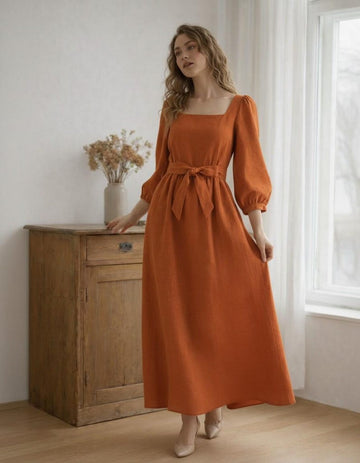 Linen Midi Dress with Puff Sleeves Square Neck Waist Tie Romantic Summer Linen Dress for Everyday