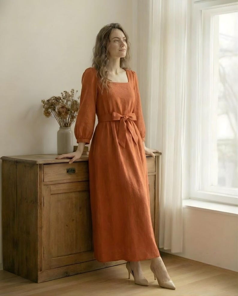 Linen Midi Dress with Puff Sleeves Square Neck Waist Tie Romantic Summer Linen Dress for Everyday