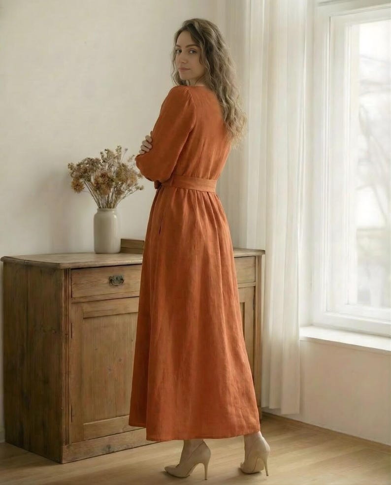 Linen Midi Dress with Puff Sleeves Square Neck Waist Tie Romantic Summer Linen Dress for Everyday