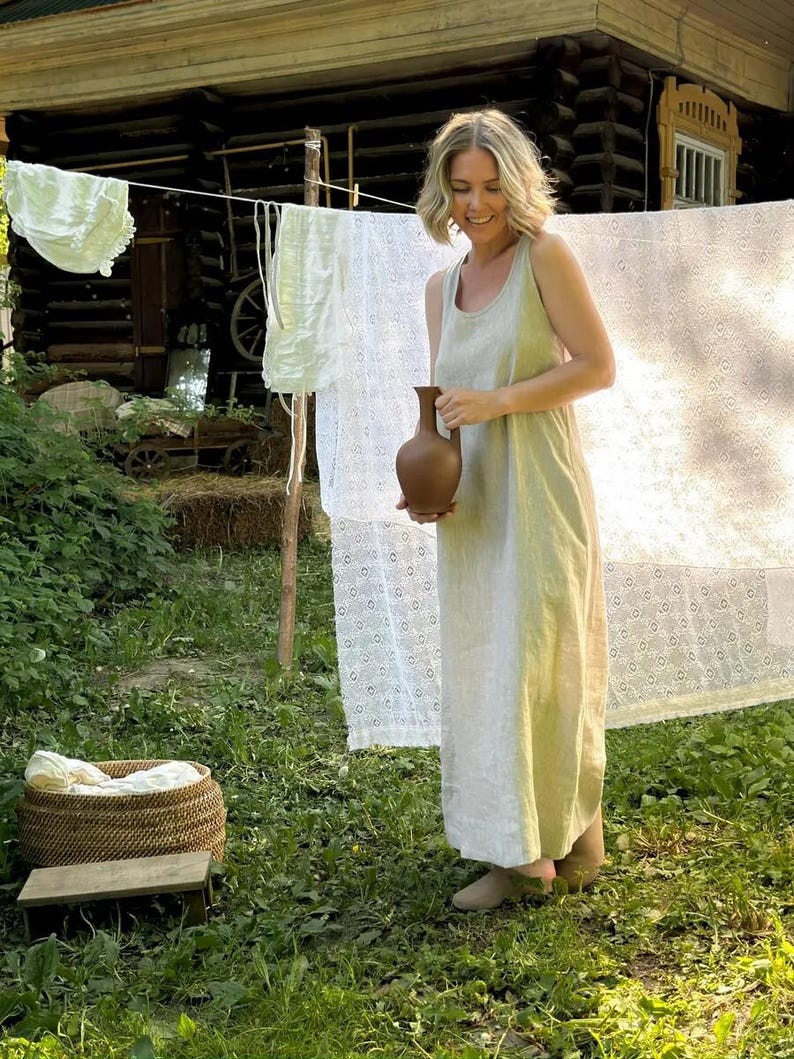 Linen Maxi Dress with Pockets, Sleeveless Linen Dress with Waist Tie, Cottagecore Summer Linen Dress, Slow Living Dress
