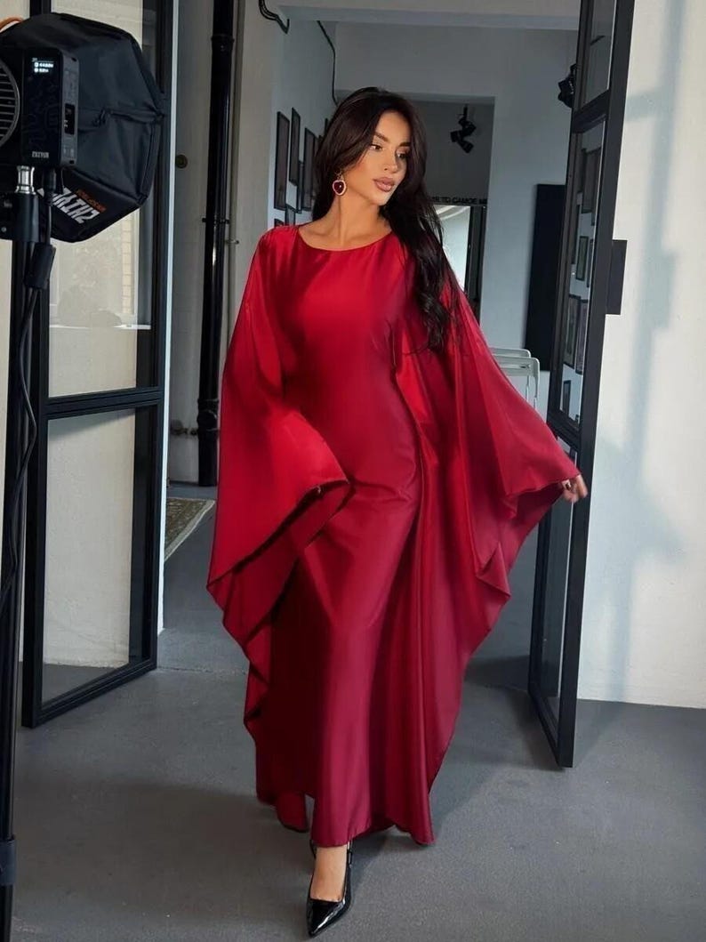 Elegant Silk Cape Sleeve Gown, Maxi Evening Dress, Formal Satin Dress for Weddings and Events