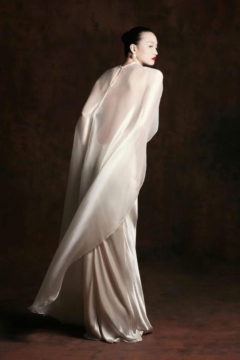 Ivory Satin Slip Wedding Dress with Sheer Cape, Minimalist Bridal Gown, Elegant Modern Wedding Dress