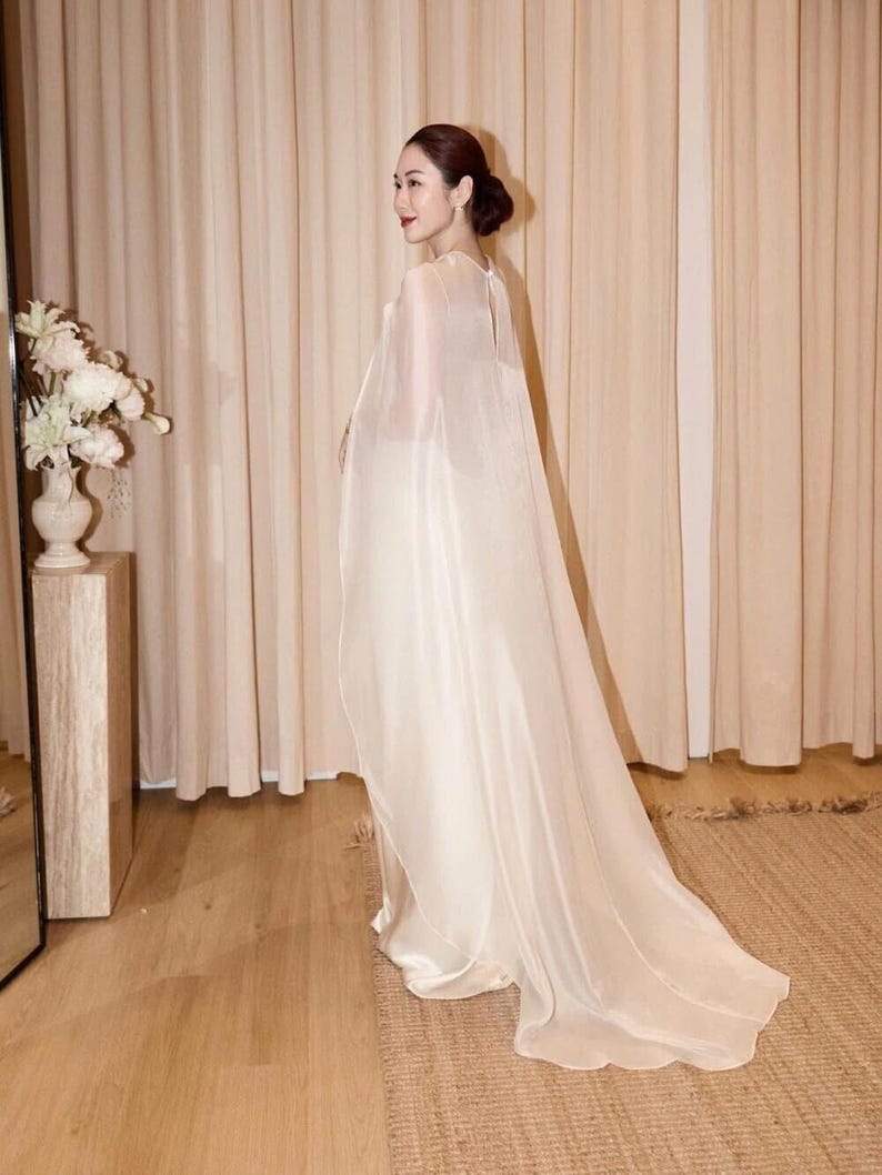Ivory Satin Slip Wedding Dress with Sheer Cape, Minimalist Bridal Gown, Elegant Modern Wedding Dress