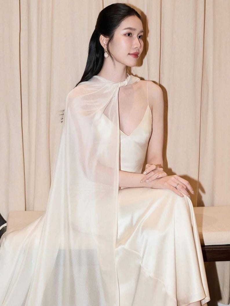 Ivory Satin Slip Wedding Dress with Sheer Cape, Minimalist Bridal Gown, Elegant Modern Wedding Dress
