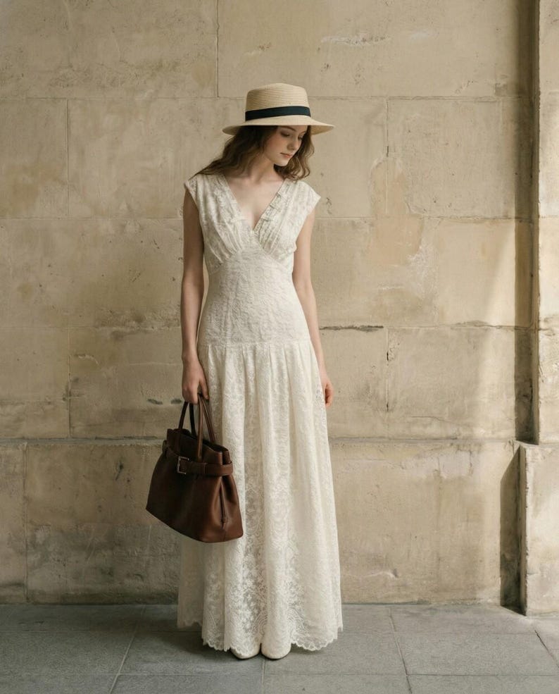 Ivory Lace Maxi Dress, Vintage Inspired Linen Look Dress, V Neck Summer Dress, Romantic Cottagecore Wedding Guest Dress