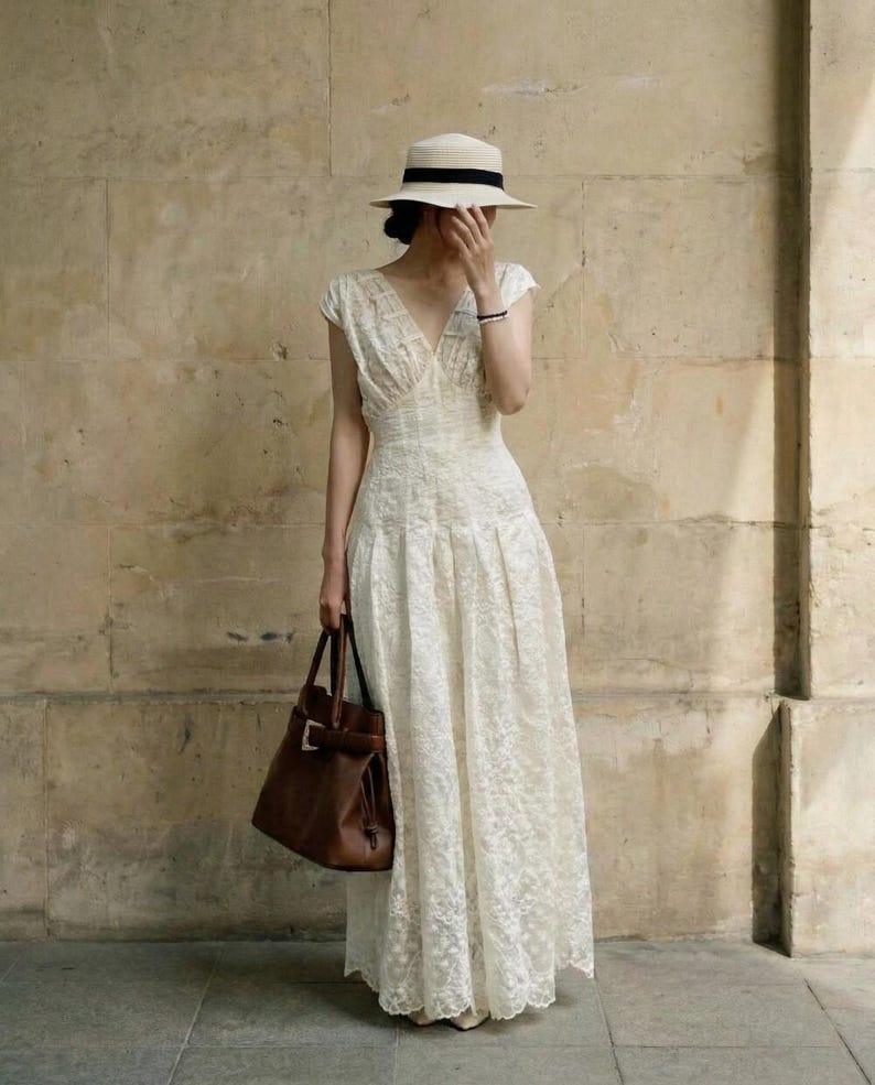 Ivory Lace Maxi Dress, Vintage Inspired Linen Look Dress, V Neck Summer Dress, Romantic Cottagecore Wedding Guest Dress