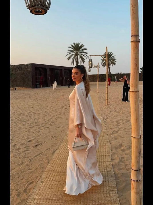 Elegant Silk Cape Sleeve Gown, Maxi Evening Dress, Formal Satin Dress for Weddings and Events