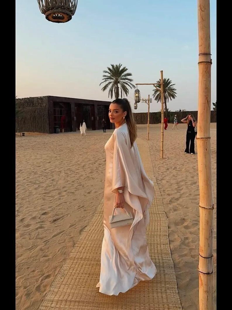 Elegant Silk Cape Sleeve Gown, Maxi Evening Dress, Formal Satin Dress for Weddings and Events