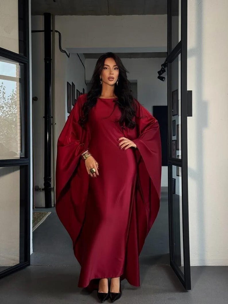 Elegant Silk Cape Sleeve Gown, Maxi Evening Dress, Formal Satin Dress for Weddings and Events