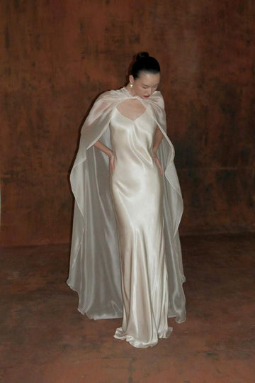 Ivory Satin Slip Wedding Dress with Sheer Cape, Minimalist Bridal Gown, Elegant Modern Wedding Dress