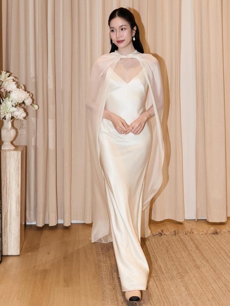 Ivory Satin Slip Wedding Dress with Sheer Cape, Minimalist Bridal Gown, Elegant Modern Wedding Dress