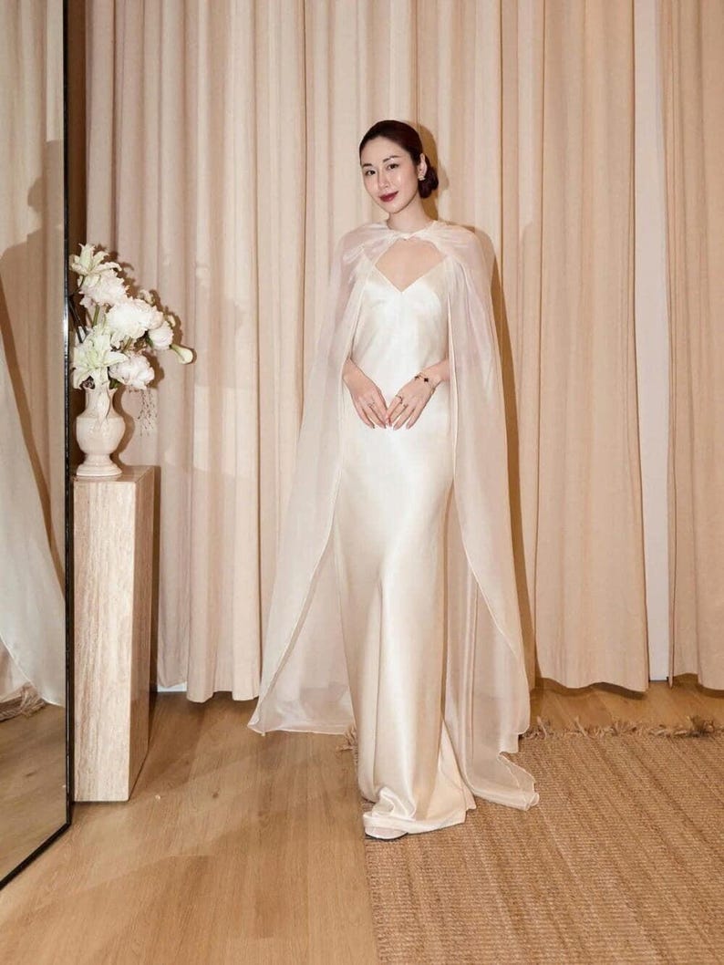 Ivory Satin Slip Wedding Dress with Sheer Cape, Minimalist Bridal Gown, Elegant Modern Wedding Dress